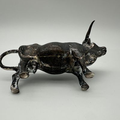 Sterling Silver Bull Figural Creamer with Hinged Lid & Red Eyes