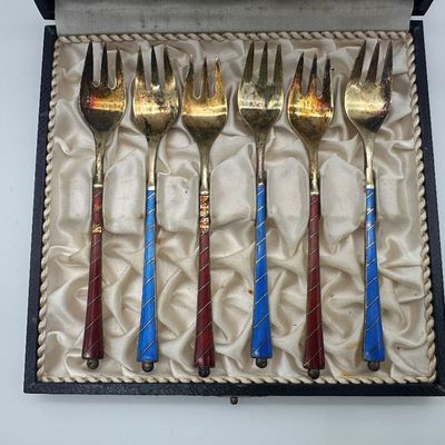 18 Egon Lauridsen ELA Denmark Sterling Silver & Guilloché Enamel Cocktail Forks