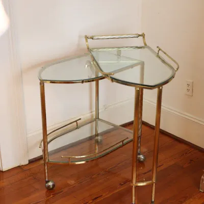 Vintage Brass & Glass Folding Gallery Bar Cart / Serving Trolley