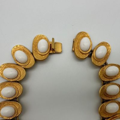 Vintage Les Bernard Gold-Tone White Cabochon Statement Necklace