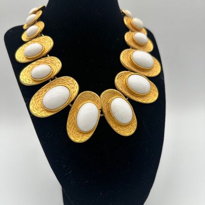 Vintage Les Bernard Gold-Tone White Cabochon Statement Necklace