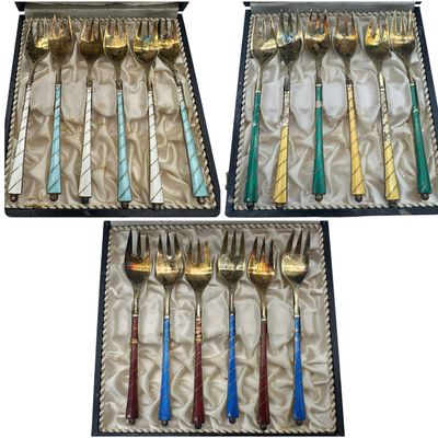 18 Egon Lauridsen ELA Denmark Sterling Silver & Guilloché Enamel Cocktail Forks