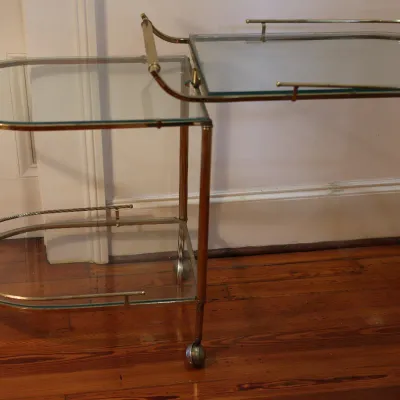Vintage Brass & Glass Folding Gallery Bar Cart / Serving Trolley