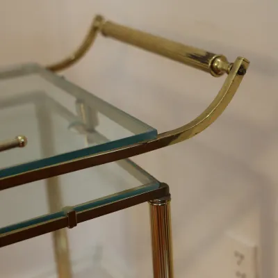 Vintage Brass & Glass Folding Gallery Bar Cart / Serving Trolley