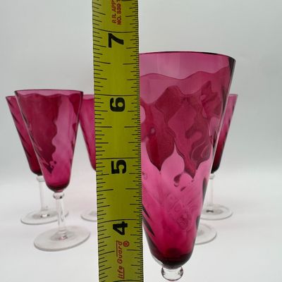 Set of 7 Cranberry Pink Optic Glass Champagne Flutes