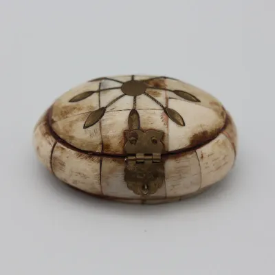 Vintage Bone Inlaid Trinket Box with Purple Velvet Interior