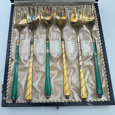 18 Egon Lauridsen ELA Denmark Sterling Silver & Guilloché Enamel Cocktail Forks