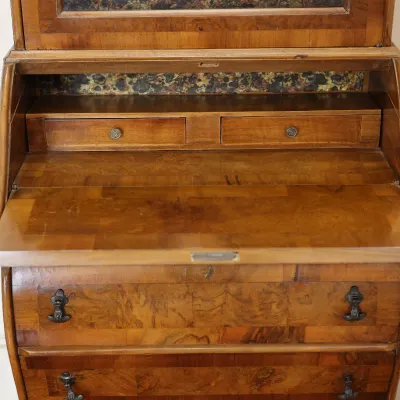 Antique Dutch-Style Burlwood & Marquetry Bombé Secretary Bookcase