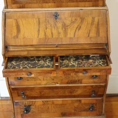 Antique Dutch-Style Burlwood & Marquetry Bombé Secretary Bookcase