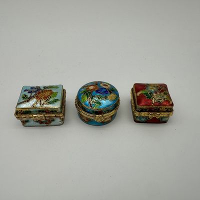 Set of 3 Vintage Cloisonné Enamel Floral Trinket Boxes