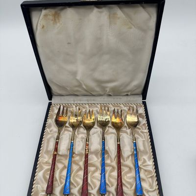 18 Egon Lauridsen ELA Denmark Sterling Silver & Guilloché Enamel Cocktail Forks
