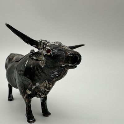 Sterling Silver Bull Figural Creamer with Hinged Lid & Red Eyes
