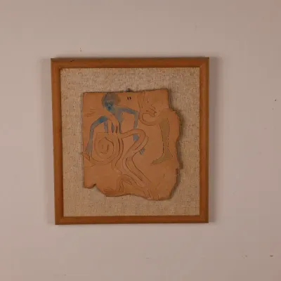 Mid-Century Modern Abstract Figural Ceramic Relief Plaque, Framed