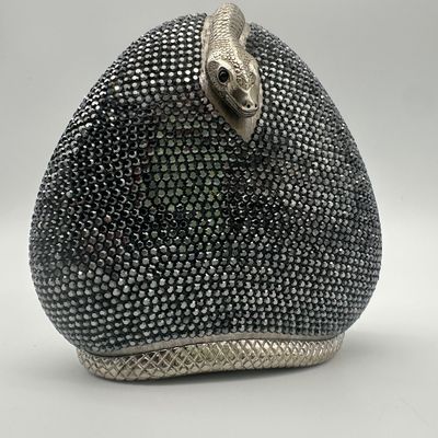 Judith Leiber Vintage Black Crystal Coiled Snake Minaudière Evening Bag