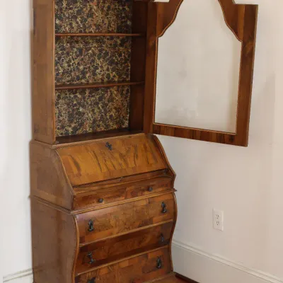 Antique Dutch-Style Burlwood & Marquetry Bombé Secretary Bookcase