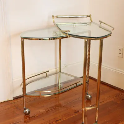 Vintage Brass & Glass Folding Gallery Bar Cart / Serving Trolley