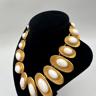 Vintage Les Bernard Gold-Tone White Cabochon Statement Necklace