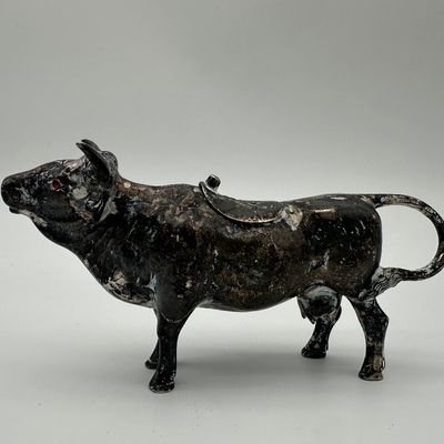 Sterling Silver Bull Figural Creamer with Hinged Lid & Red Eyes