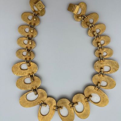 Vintage Les Bernard Gold-Tone White Cabochon Statement Necklace