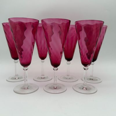 Set of 7 Cranberry Pink Optic Glass Champagne Flutes