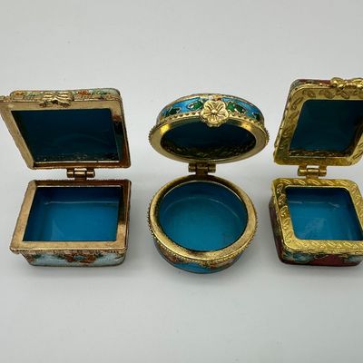 Set of 3 Vintage Cloisonné Enamel Floral Trinket Boxes