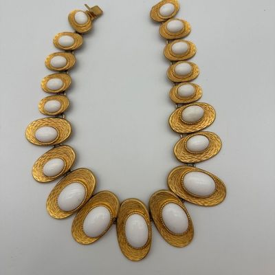 Vintage Les Bernard Gold-Tone White Cabochon Statement Necklace