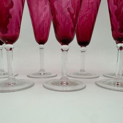 Set of 7 Cranberry Pink Optic Glass Champagne Flutes