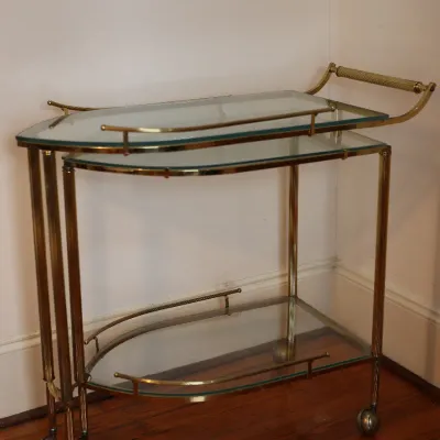 Vintage Brass & Glass Folding Gallery Bar Cart / Serving Trolley