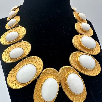Vintage Les Bernard Gold-Tone White Cabochon Statement Necklace