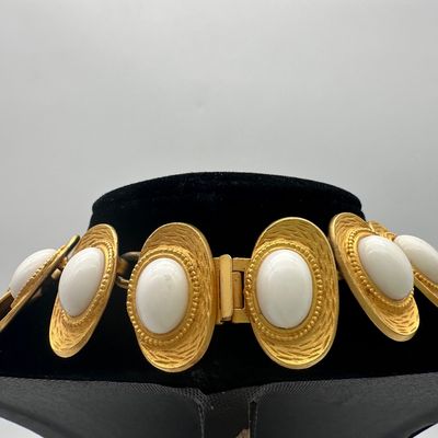 Vintage Les Bernard Gold-Tone White Cabochon Statement Necklace