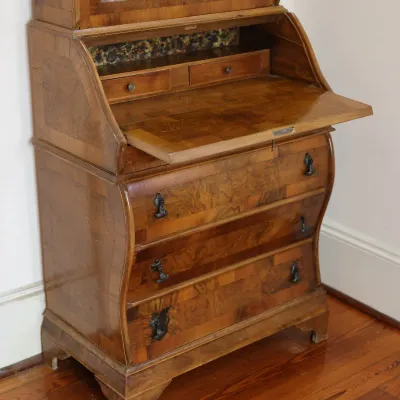 Antique Dutch-Style Burlwood & Marquetry Bombé Secretary Bookcase