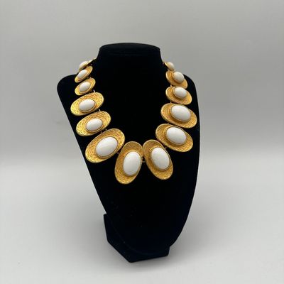 Vintage Les Bernard Gold-Tone White Cabochon Statement Necklace