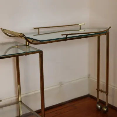 Vintage Brass & Glass Folding Gallery Bar Cart / Serving Trolley