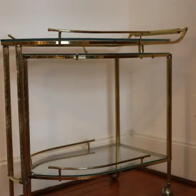 Vintage Brass & Glass Folding Gallery Bar Cart / Serving Trolley