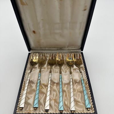 18 Egon Lauridsen ELA Denmark Sterling Silver & Guilloché Enamel Cocktail Forks