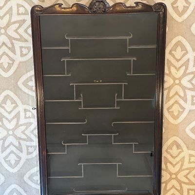Asian-Style Carved Wood Wall Display Cabinet with Glass Door