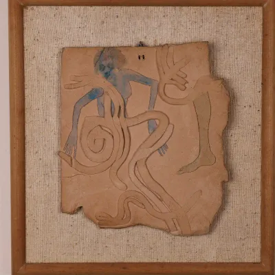 Mid-Century Modern Abstract Figural Ceramic Relief Plaque, Framed