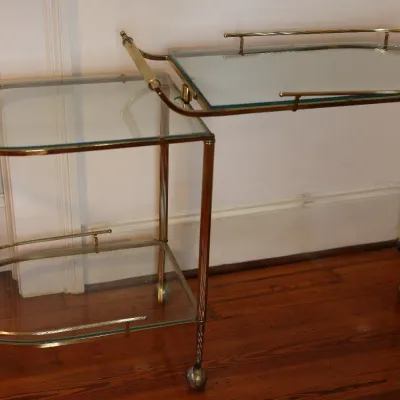 Vintage Brass & Glass Folding Gallery Bar Cart / Serving Trolley