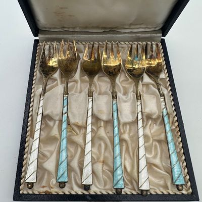 18 Egon Lauridsen ELA Denmark Sterling Silver & Guilloché Enamel Cocktail Forks