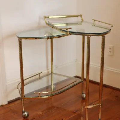 Vintage Brass & Glass Folding Gallery Bar Cart / Serving Trolley