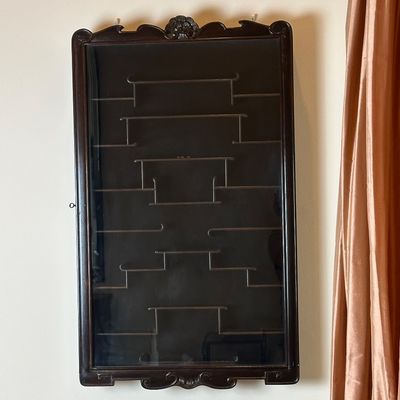 Asian-Style Carved Wood Wall Display Cabinet with Glass Door