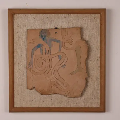 Mid-Century Modern Abstract Figural Ceramic Relief Plaque, Framed