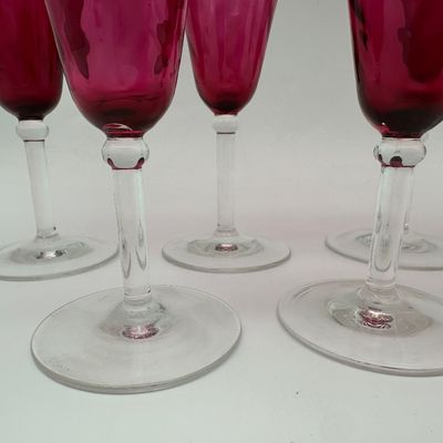 Set of 7 Cranberry Pink Optic Glass Champagne Flutes