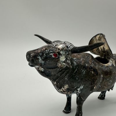 Sterling Silver Bull Figural Creamer with Hinged Lid & Red Eyes