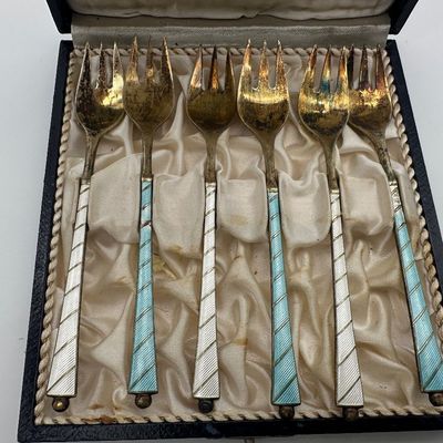 18 Egon Lauridsen ELA Denmark Sterling Silver & Guilloché Enamel Cocktail Forks
