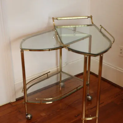 Vintage Brass & Glass Folding Gallery Bar Cart / Serving Trolley