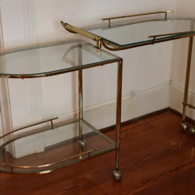 Vintage Brass & Glass Folding Gallery Bar Cart / Serving Trolley