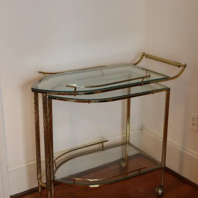 Vintage Brass & Glass Folding Gallery Bar Cart / Serving Trolley