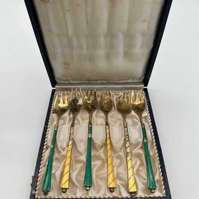 18 Egon Lauridsen ELA Denmark Sterling Silver & Guilloché Enamel Cocktail Forks