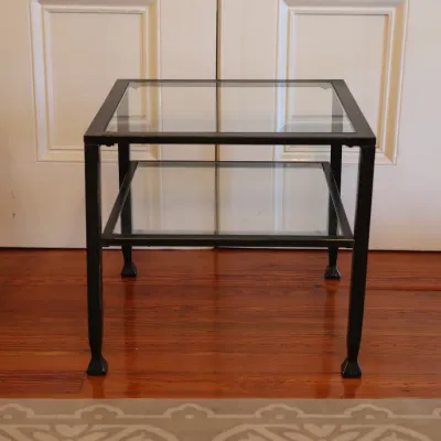 Tempered Glass & Black Metal Two-Tier Side Table